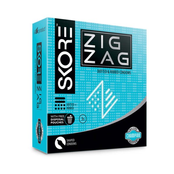 Skore Zig Zag Dotted & Ribbed Condoms 3's + Disposable Bag